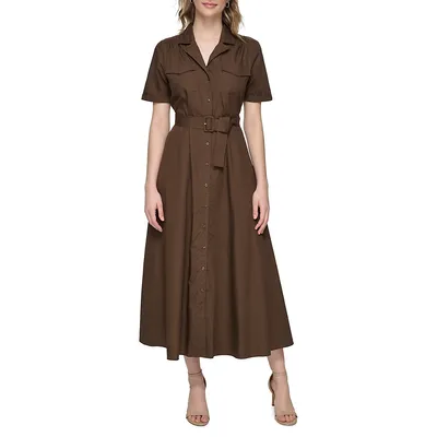 Belted Fit-and-Flare Maxi Shirtdress