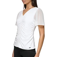 Ruched V-Neck Puff-Sleeve Top