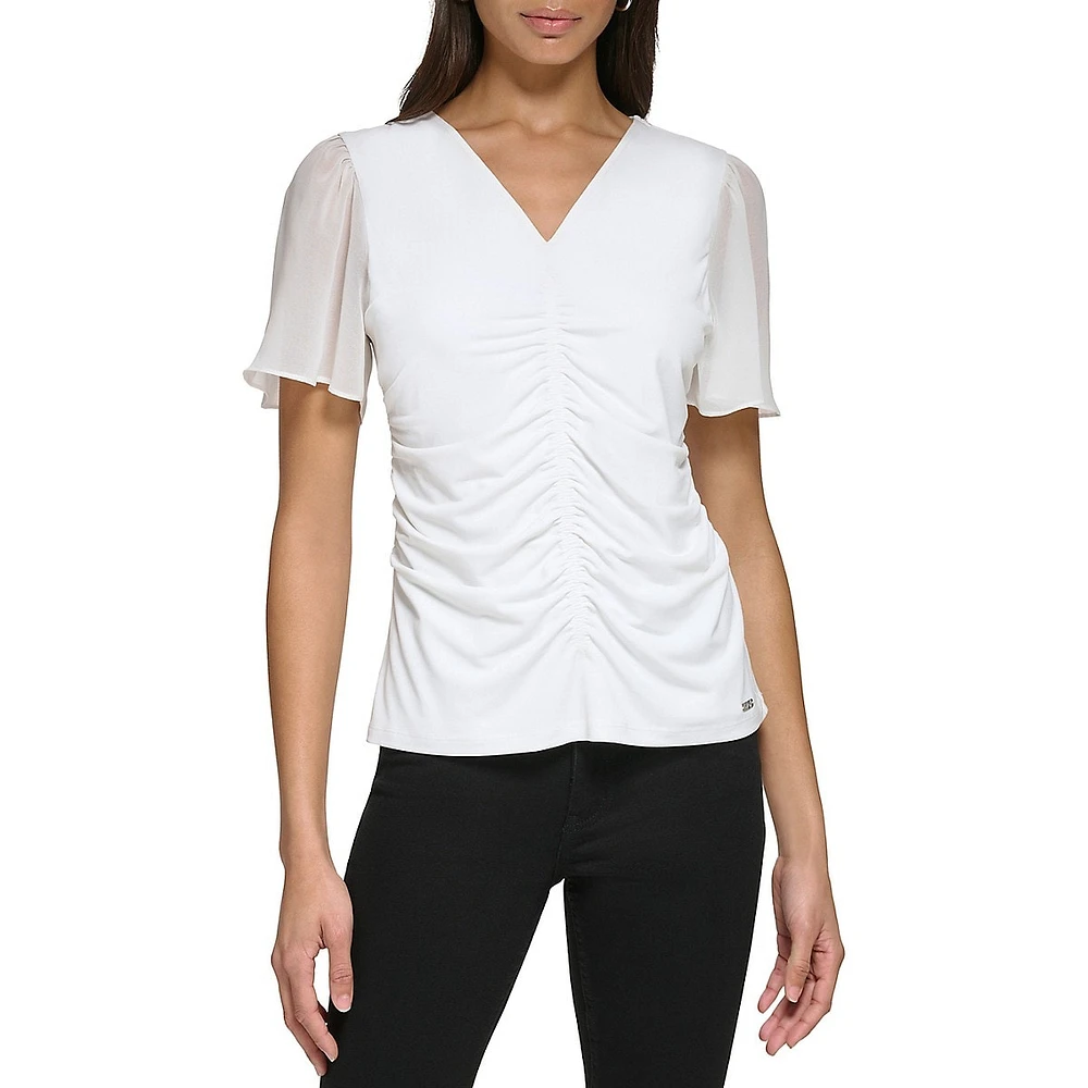 Ruched V-Neck Puff-Sleeve Top