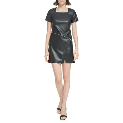 Asymmetrical-Zip Faux Leather Mini Dress