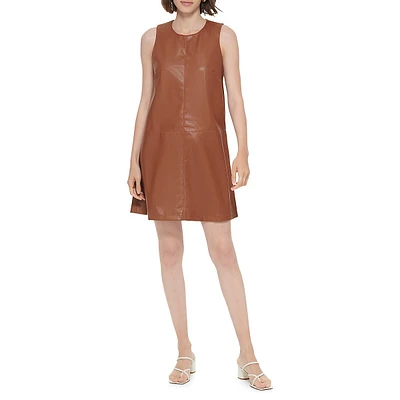 Sleeveless Faux Leather Trapeze Dress