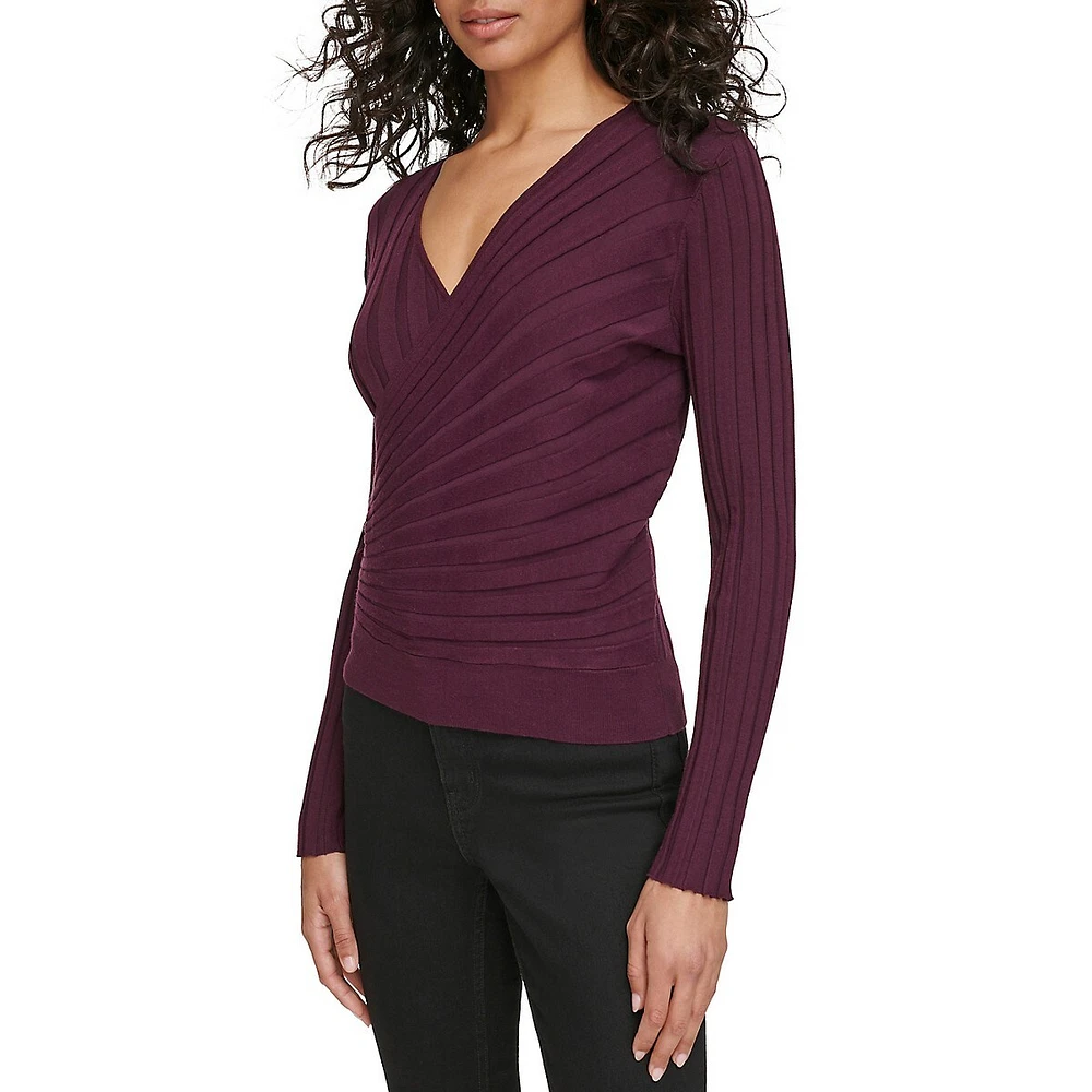 Long-Sleeve Faux-Wrap Ribbed Sweater