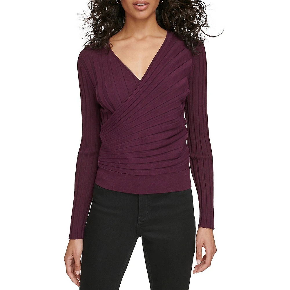 Long-Sleeve Faux-Wrap Ribbed Sweater