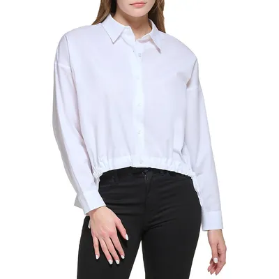 Cinched Button-Sleeve High-Low Shirt