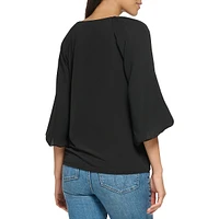 Mixed-Media Lantern-Sleeve Top