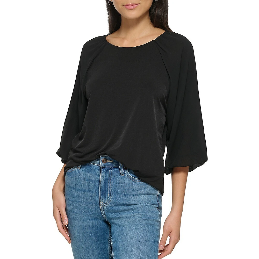 Mixed-Media Lantern-Sleeve Top