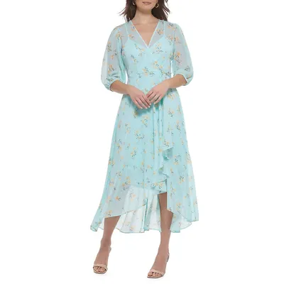 Floral Faux-Wrap Chiffon Midi Dress