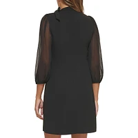 Tie-Neck Sheer Chiffon-Sleeve Shift Dress