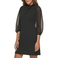 Tie-Neck Sheer Chiffon-Sleeve Shift Dress