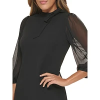 Tie-Neck Sheer Chiffon-Sleeve Shift Dress