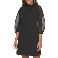 Tie-Neck Sheer Chiffon-Sleeve Shift Dress