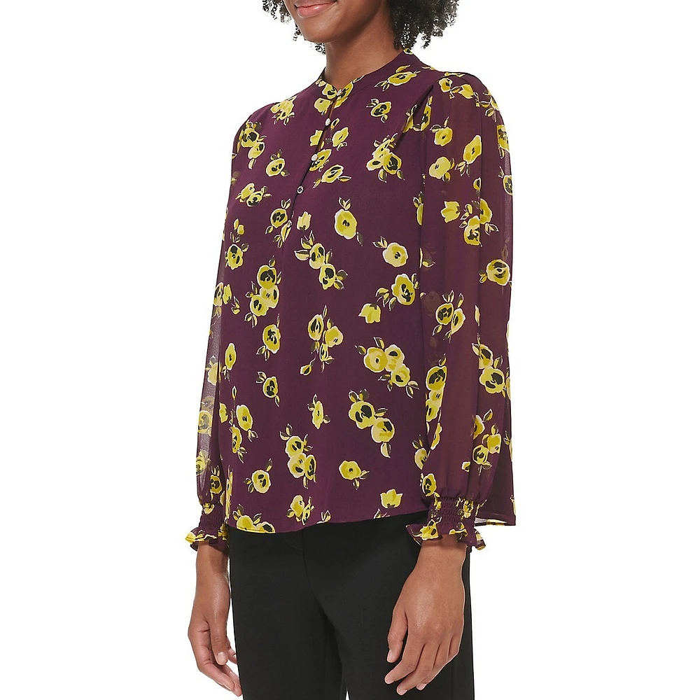 Floral-Print Sheer-Balloon-Sleeve Blouse