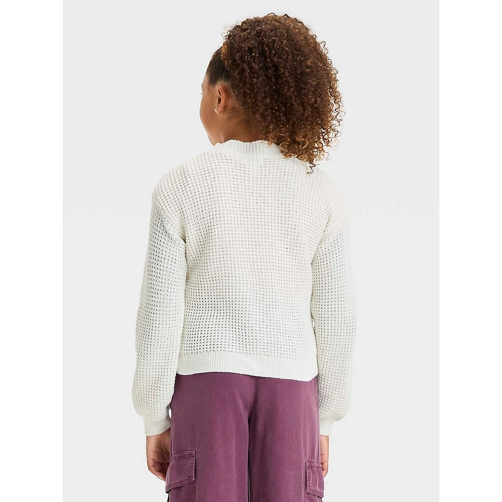 Girl's Short Waffle-Knit V-Neck Cardigan