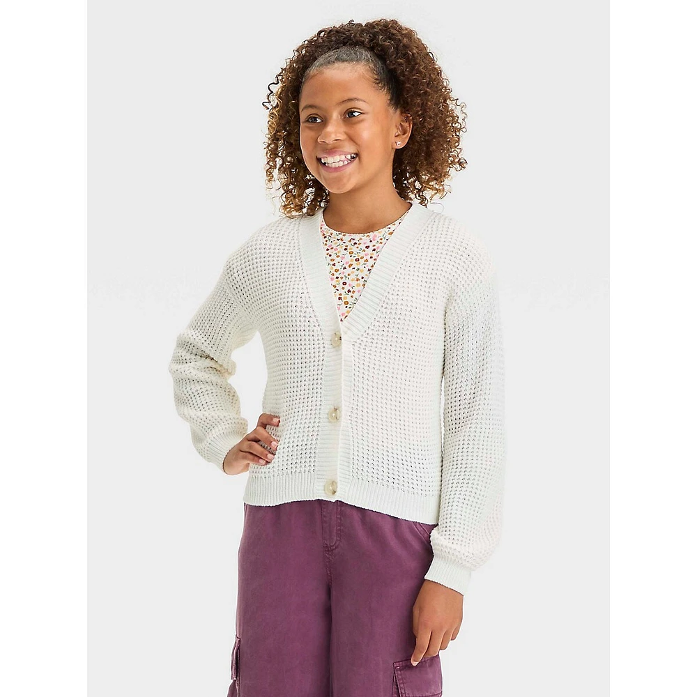 Girl's Short Waffle-Knit V-Neck Cardigan
