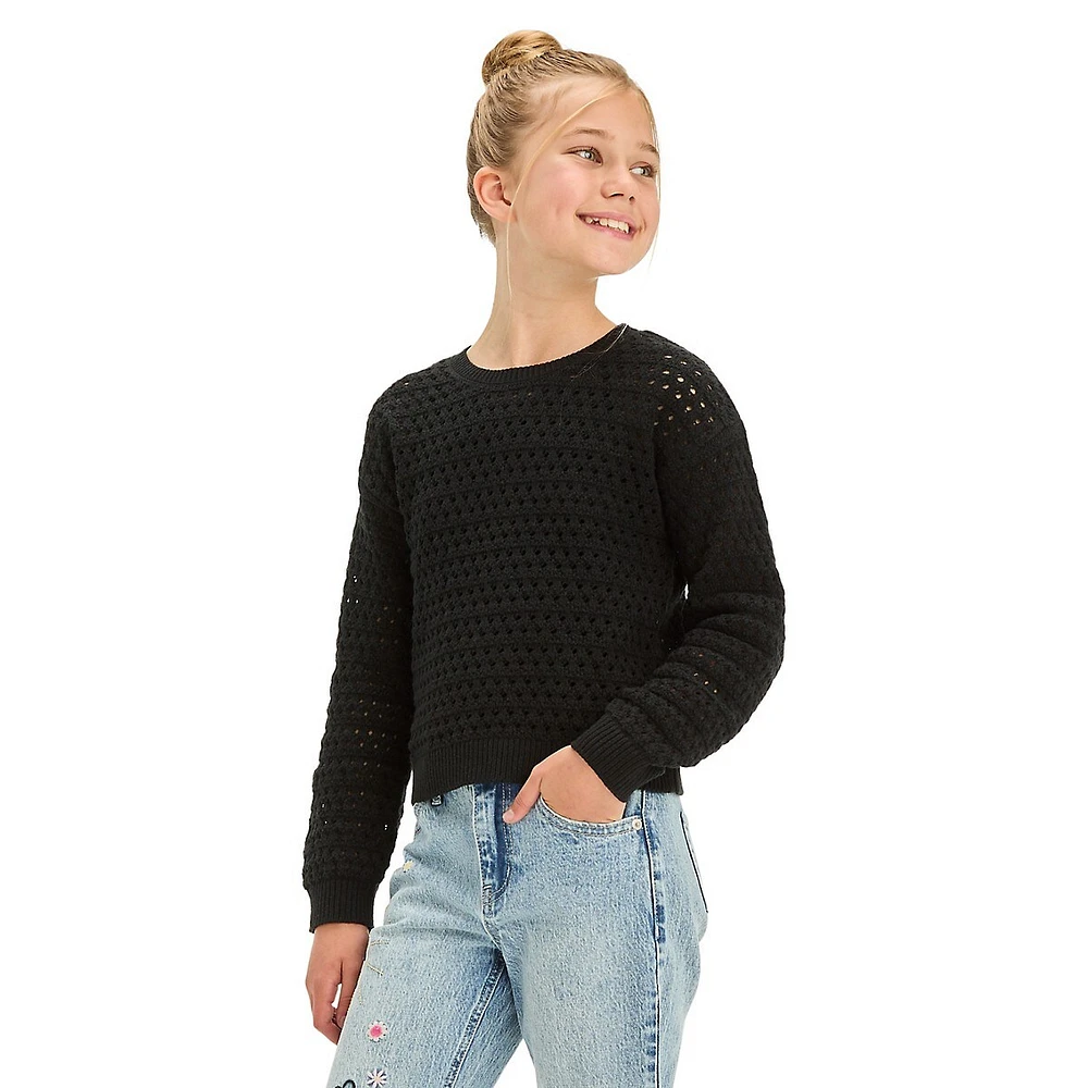 Girl's Openwork-Knit Crewneck Sweater