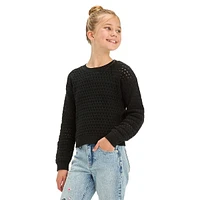 Girl's Openwork-Knit Crewneck Sweater