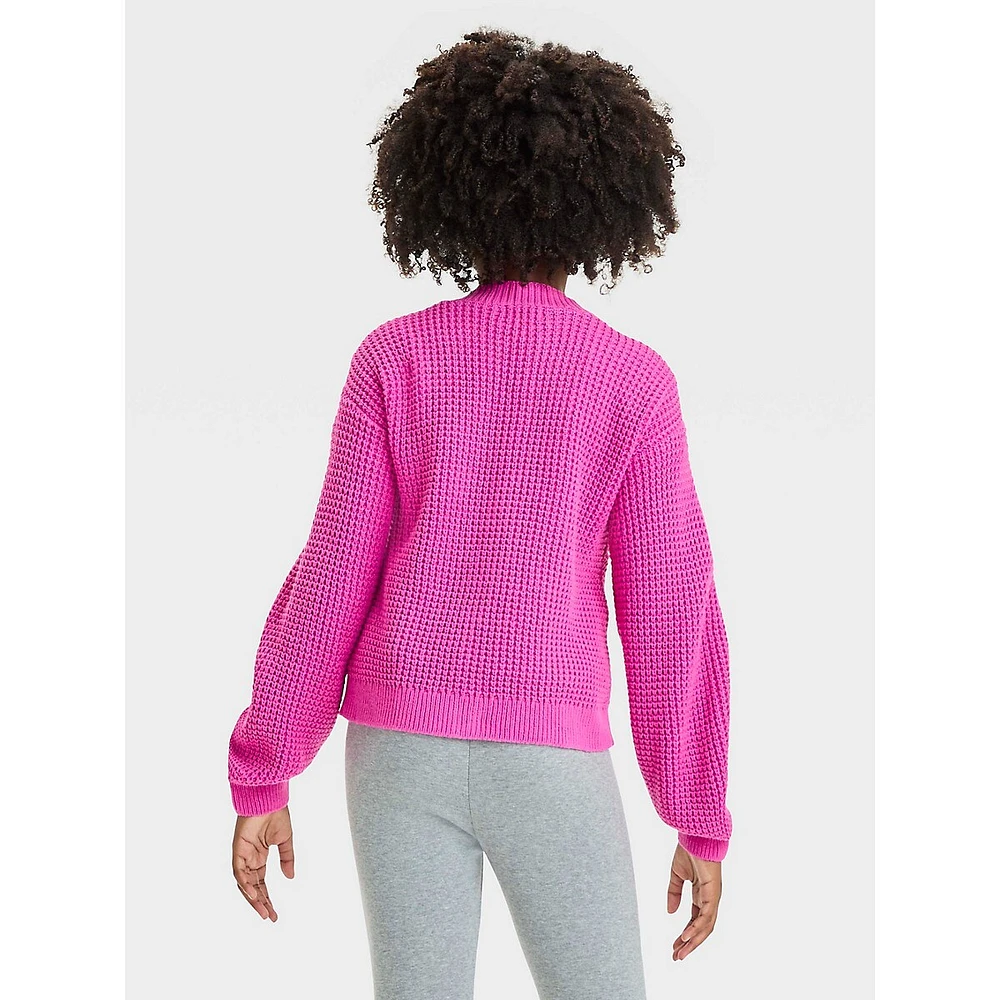 Girl's Short Waffle-Knit V-Neck Cardigan