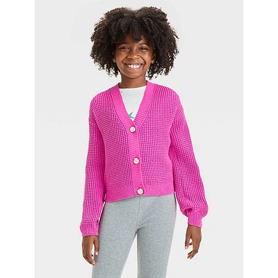 Girl's Short Waffle-Knit V-Neck Cardigan