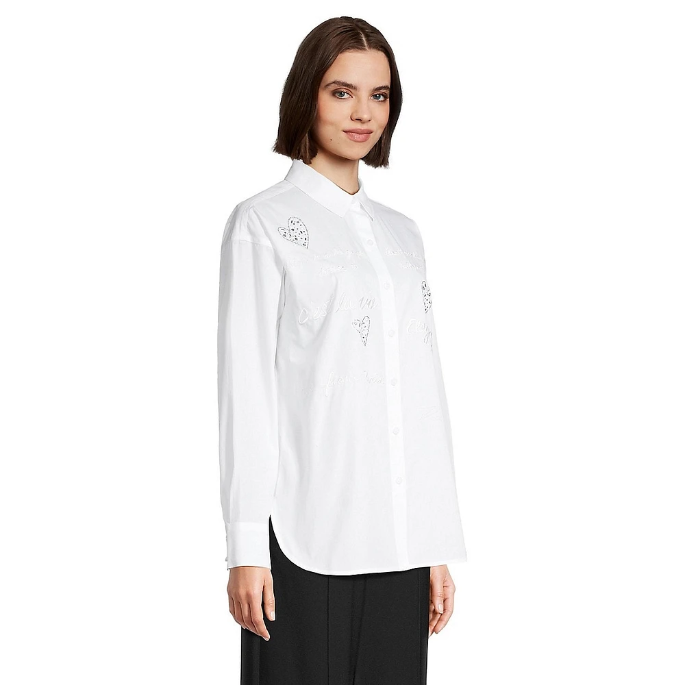 Embellished Hearts High-Low Poplin Shirt