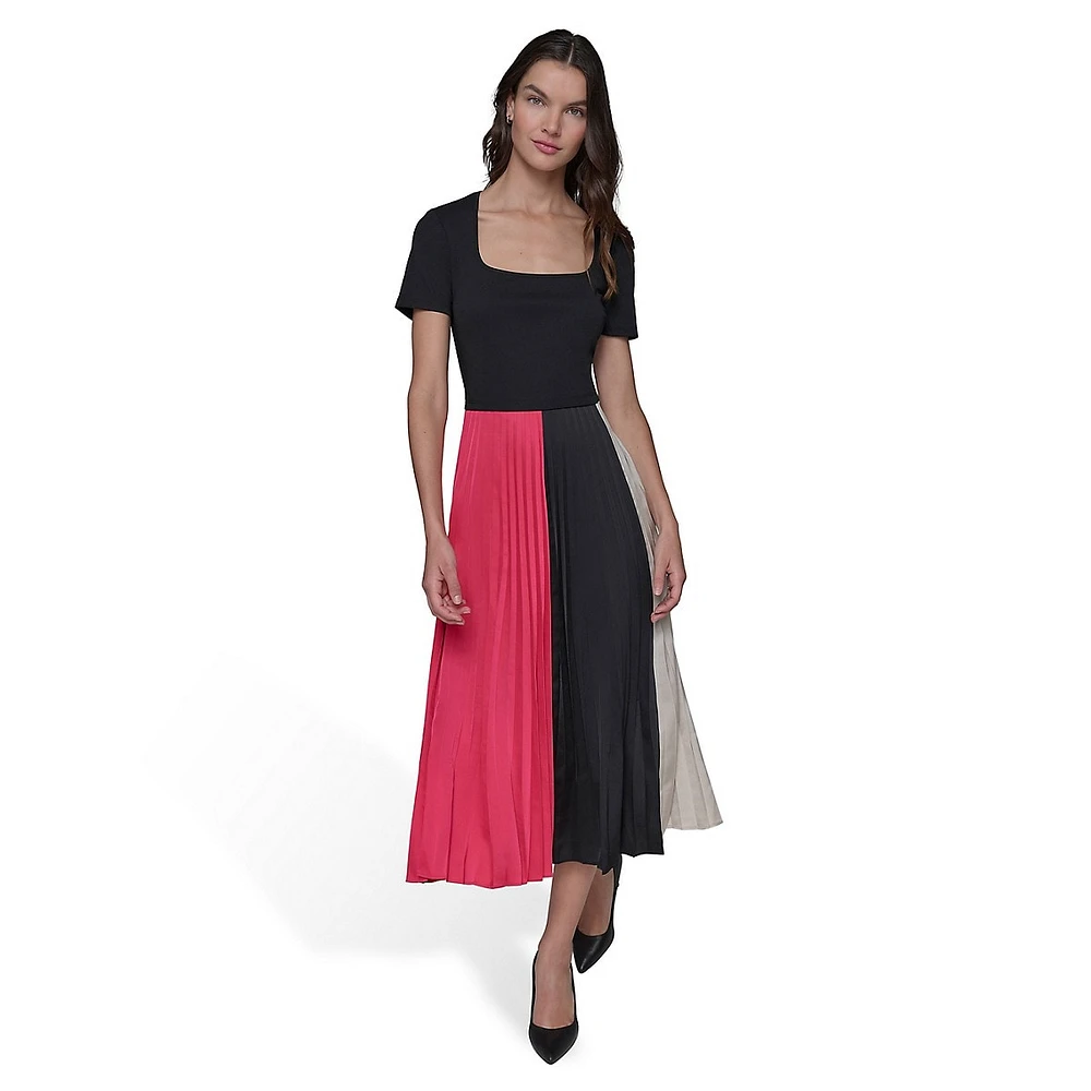 Pleated Colourblock Midi Dress