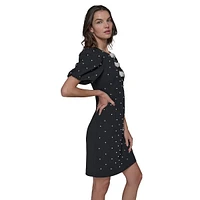 Faux Pearl-Embellished Bow Scuba Crepe Dress