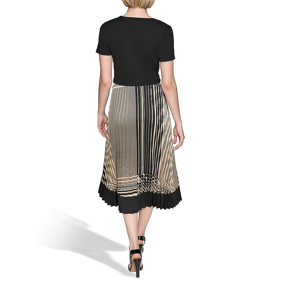 Jersey-Bodice Colourblock Pleated Midi Dress