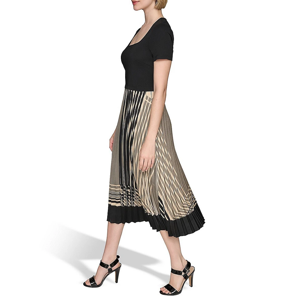Jersey-Bodice Colourblock Pleated Midi Dress