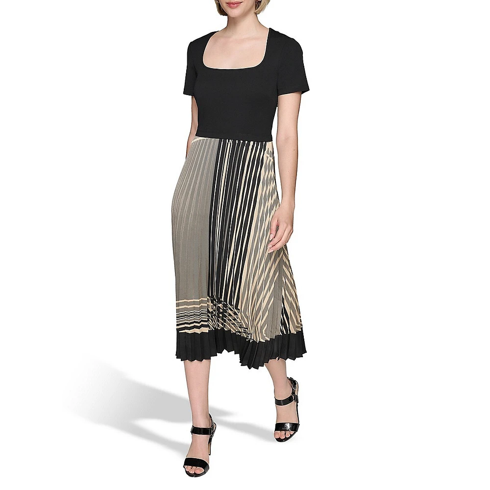 Jersey-Bodice Colourblock Pleated Midi Dress