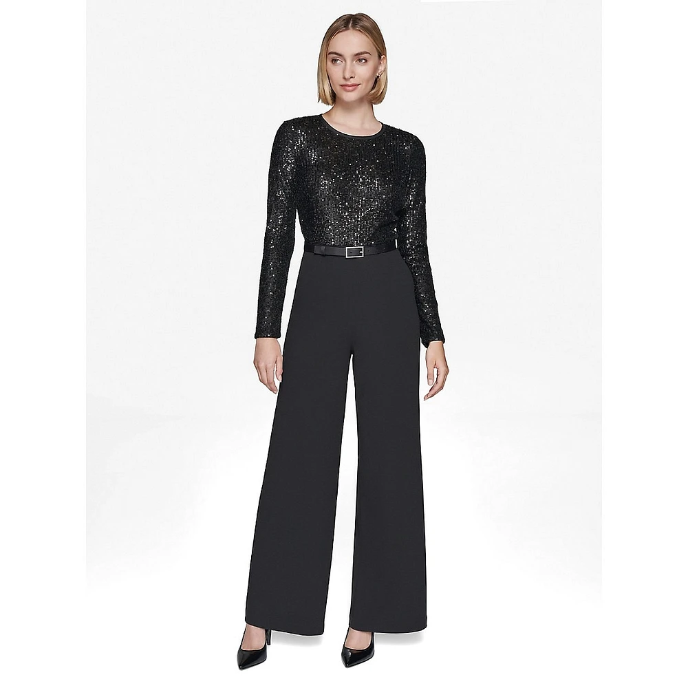 Long-Sleeve Sequin & Scuba Crepe Jumpsuit