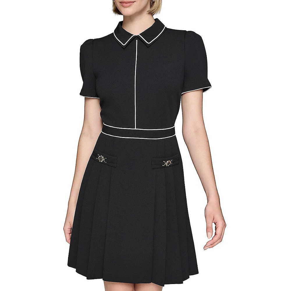 Scuba Crepe Collared Puff-Sleeve Mini Dress