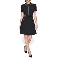 Scuba Crepe Collared Puff-Sleeve Mini Dress