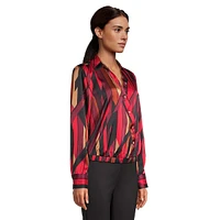 Faux-Wrap Ribbon-Print Blouse