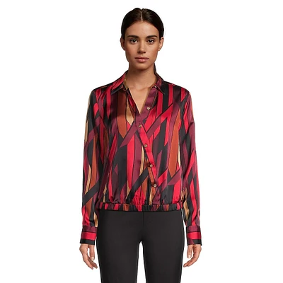 Faux-Wrap Ribbon-Print Blouse