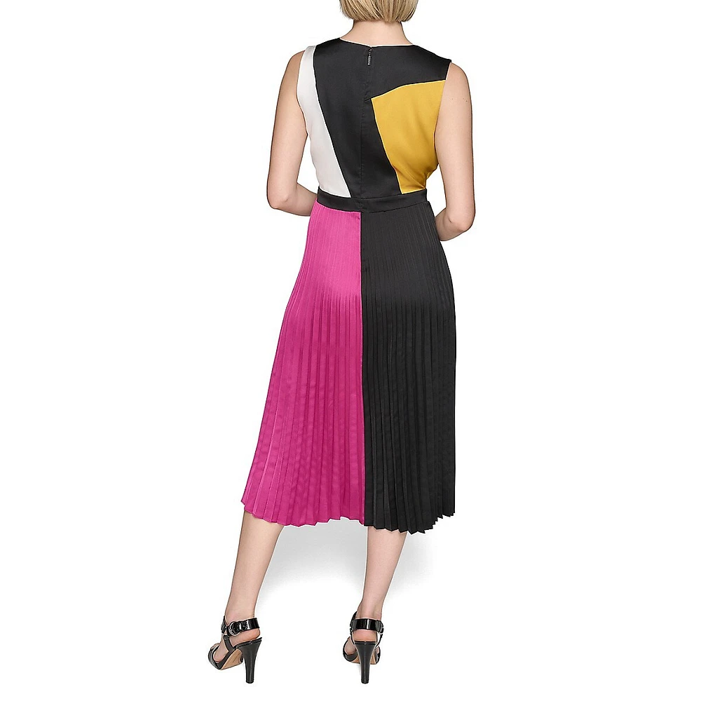 Sleeveless Colourblock Pleated-Skirt Midi Dress