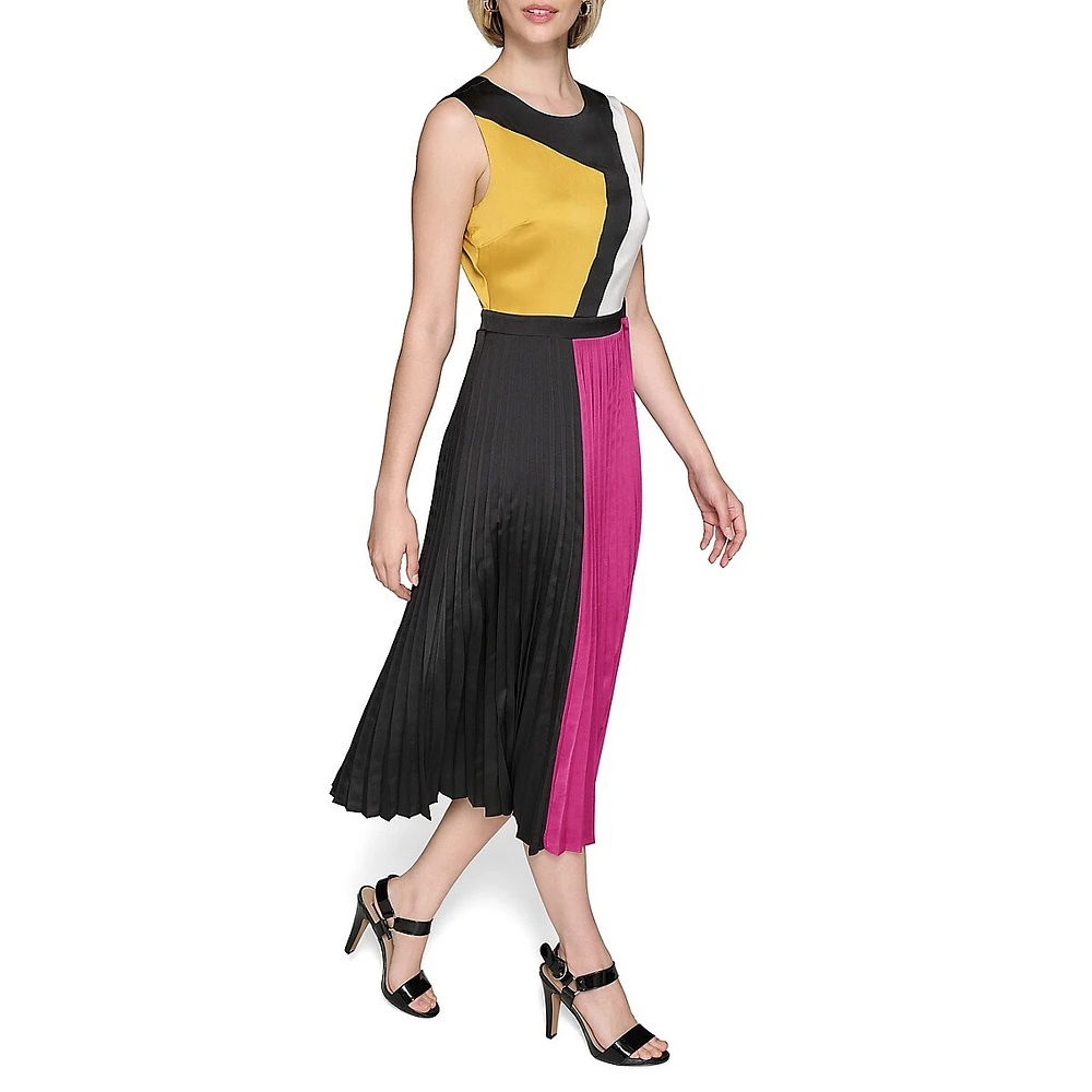 Sleeveless Colourblock Pleated-Skirt Midi Dress