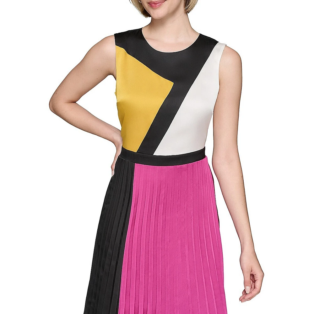 Sleeveless Colourblock Pleated-Skirt Midi Dress