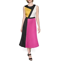 Sleeveless Colourblock Pleated-Skirt Midi Dress