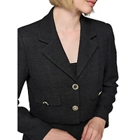 Decorative Button Cropped Tweed Blazer