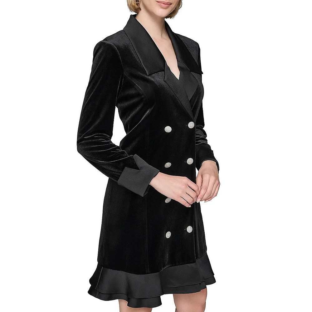 Rhinestone-Button & Velvet Blazer Dress