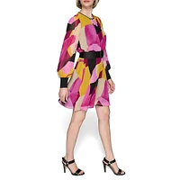 Printed Chiffon Blouson-Sleeve Belted Mini Dress