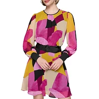 Printed Chiffon Blouson-Sleeve Belted Mini Dress