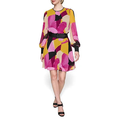 Printed Chiffon Blouson-Sleeve Belted Mini Dress