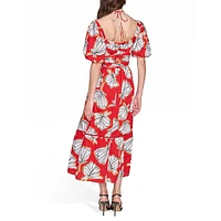 Floral Puff-Sleeve Cross Halter-Tie Maxi Dress