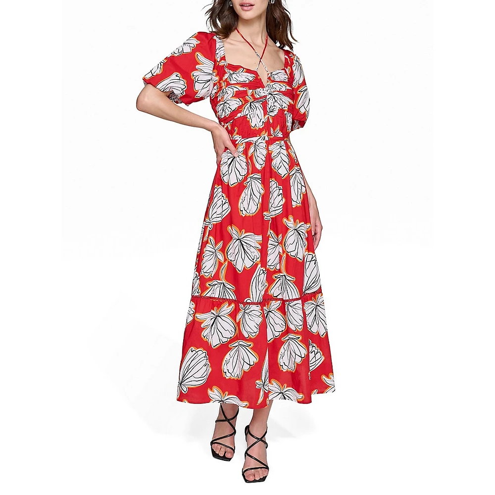 Floral Puff-Sleeve Cross Halter-Tie Maxi Dress