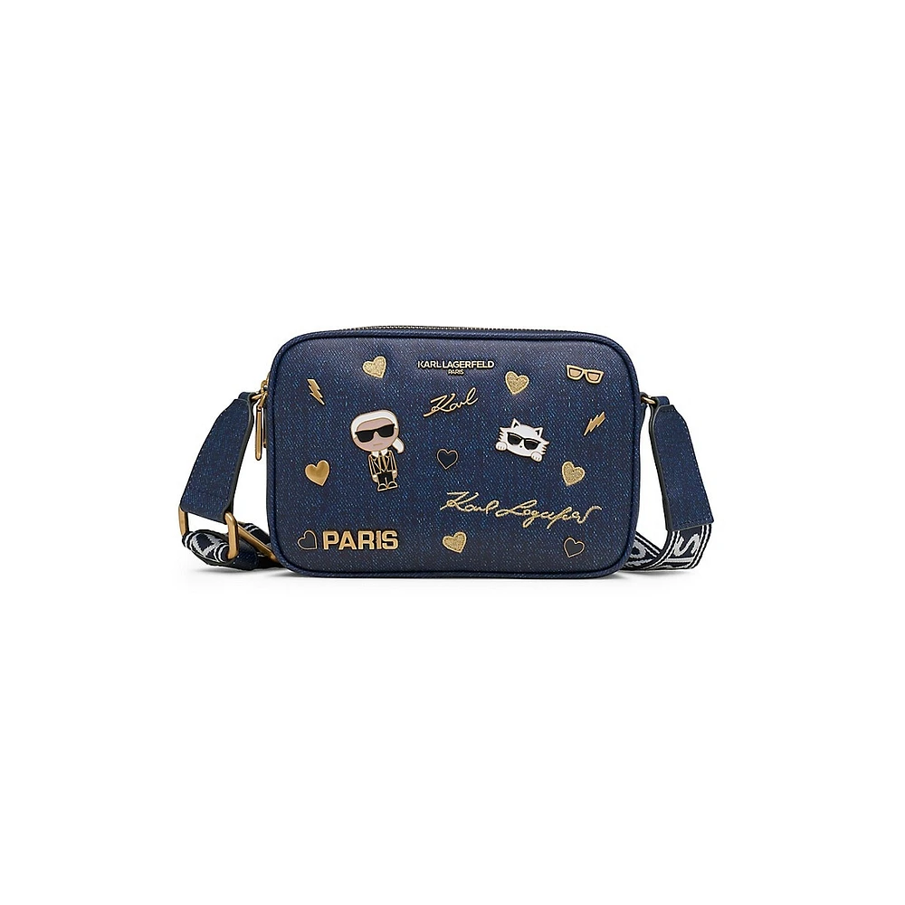 Maybelle Denim-Print Camera Crossbody Bag