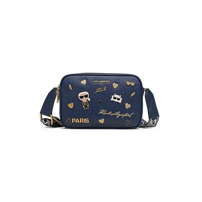 Maybelle Denim-Print Camera Crossbody Bag