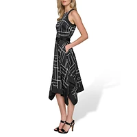 Printed Silky Crepe Sleeveless Hanky-Hem Midi Dress