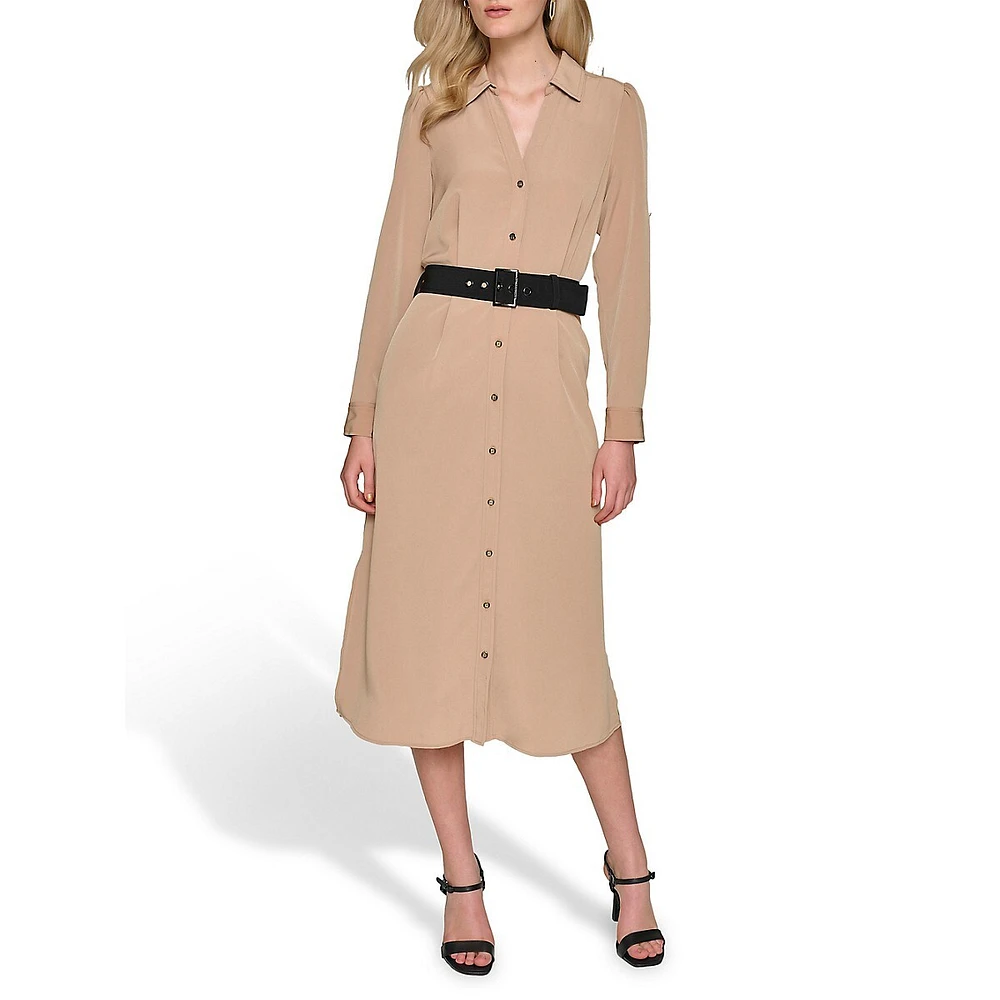 Crepe Shirt Dress With Contrast Belt