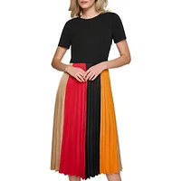 Jersey & Crepe Pleated Colourblock Midi Dress