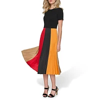 Jersey & Crepe Pleated Colourblock Midi Dress